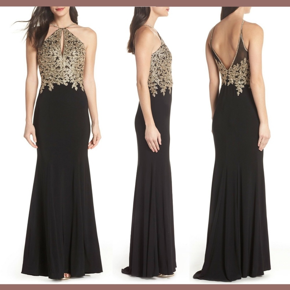 Xscape Black and Gold Halter Formal Dress with Embroidered Bodice